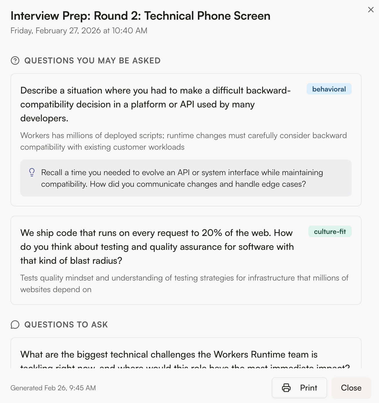 JobHawk interview prep package with company brief and questions